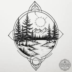 A shot of a line of wind-swept cypress trees... - эскиз тату (№1751342489_0, 01.07.2025 04:01) — tattoo-photo.ru