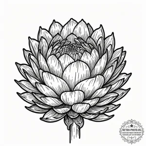 A close-up of a blooming artichoke flower., t... - эскиз тату (№1751343277_0, 01.07.2025 04:14) — tattoo-photo.ru