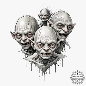 A sketch of gollum/smeagol, his face split be... - эскиз тату (№1751344153_0, 01.07.2025 04:29) — tattoo-photo.ru