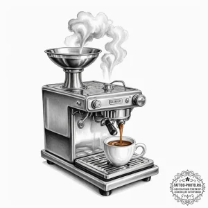A close-up of a steaming espresso shot being... - эскиз тату (№1751345985_0, 01.07.2025 04:59) — tattoo-photo.ru