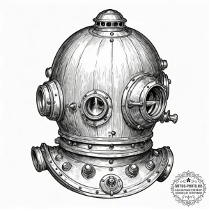 Antique diving helmet, tattoo line art, sepia... - эскиз тату (№1751346786_0, 01.07.2025 05:13) — tattoo-photo.ru