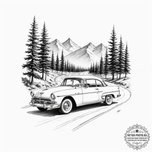 Tattoo design a classic car driving on a road... - эскиз тату (№1751346864_0, 01.07.2025 05:14) — tattoo-photo.ru