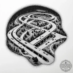 A long exposure shot of traffic on a major hi... - эскиз тату (№1751346943_0, 01.07.2025 05:15) — tattoo-photo.ru