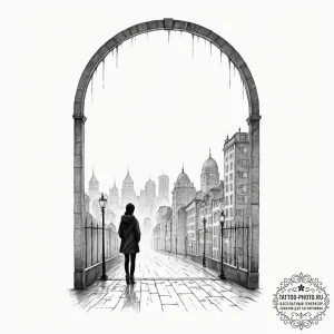 A silhouette of a person standing in a large,... - эскиз тату (№1751348936_0, 01.07.2025 05:48) — tattoo-photo.ru