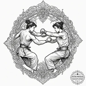A linework tattoo of two figures sparring in... - эскиз тату (№1751349901_0, 01.07.2025 06:05) — tattoo-photo.ru