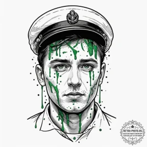 A trash polka face of neo, with green code dr... - эскиз тату (№1751352735_0, 01.07.2025 06:52) — tattoo-photo.ru