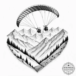 A paraglider soaring over a mountainous valle... - эскиз тату (№1751353374_0, 01.07.2025 07:02) — tattoo-photo.ru