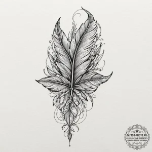 Tattoo design a single, flowing feather with... - эскиз тату (№1751356106_0, 01.07.2025 07:48) — tattoo-photo.ru