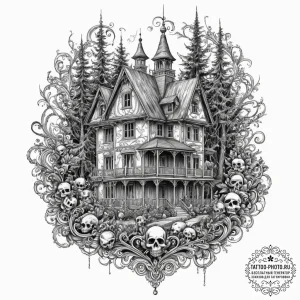 A trash polka design of the house from house... - эскиз тату (№1751356345_0, 01.07.2025 07:52) — tattoo-photo.ru