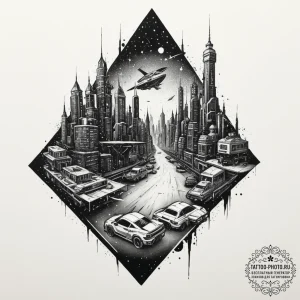 Tattoo sketch a futuristic cityscape at night... - эскиз тату (№1751359746_0, 01.07.2025 08:49) — tattoo-photo.ru