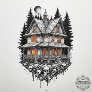 A trash polka design of the house from house... - эскиз тату (№1751361524_0, 01.07.2025 09:18) — tattoo-photo.ru