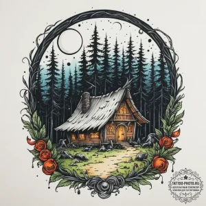 A tattoo design of baba yaga's hut on chicken... - эскиз тату (№1751362283_0, 01.07.2025 09:31) — tattoo-photo.ru