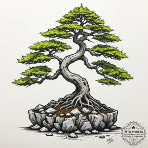 Tattoo design a bonsai tree, its roots intric... - эскиз тату (№1751363262_0, 01.07.2025 09:47) — tattoo-photo.ru