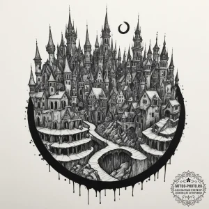 A watercolor sketch of the city of piltover v... - эскиз тату (№1751366293_0, 01.07.2025 10:38) — tattoo-photo.ru