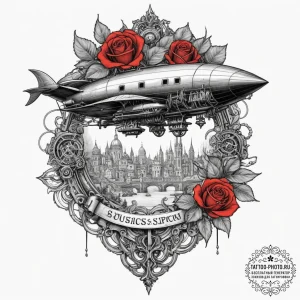 Steampunk airship, artistic tattoo sketch, bl... - эскиз тату (№1751366763_0, 01.07.2025 10:46) — tattoo-photo.ru