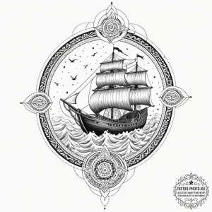 Viking longship in a storm, concept art for t... - эскиз тату (№1751367154_0, 01.07.2025 10:52) — tattoo-photo.ru