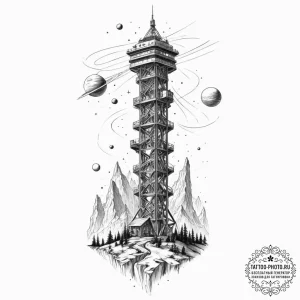 A space elevator, tattoo sketch design, reali... - эскиз тату (№1751369122_0, 01.07.2025 11:25) — tattoo-photo.ru