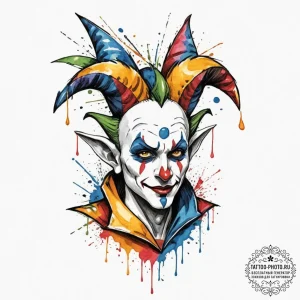 Jester, ink illustration for tattoo, on a cle... - эскиз тату (№1751369751_0, 01.07.2025 11:35) — tattoo-photo.ru