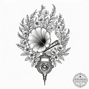 A gramophone with flowers growing out of the... - эскиз тату (№1751370928_0, 01.07.2025 11:55) — tattoo-photo.ru