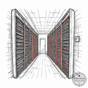 The interior of a massive, modern data center... - эскиз тату (№1751468315_0, 02.07.2025 14:58) — tattoo-photo.ru