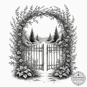 Tattoo sketch a single, open gate in a garden... - эскиз тату (№1751469132_0, 02.07.2025 15:12) — tattoo-photo.ru