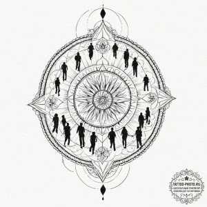 Tattoo design, a row of people walking in lin... - эскиз тату (№1751473783_0, 02.07.2025 16:29) — tattoo-photo.ru