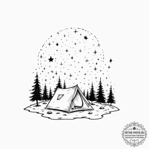 Tattoo design, a tiny, solitary tent under a... - эскиз тату (№1751474684_0, 02.07.2025 16:44) — tattoo-photo.ru
