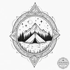 Tattoo design, a tiny, solitary tent under a... - эскиз тату (№1751476274_0, 02.07.2025 17:11) — tattoo-photo.ru