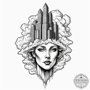 Tattoo design, a massive, faceless skyscraper... - эскиз тату (№1751478329_0, 02.07.2025 17:45) — tattoo-photo.ru