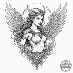 Tattoo design, a valkyrie, but instead of a s... - эскиз тату (№1751479986_0, 02.07.2025 18:13) — tattoo-photo.ru