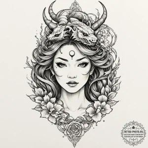 Tattoo design, goddess freya's face, half bea... - эскиз тату (№1751481983_0, 02.07.2025 18:46) — tattoo-photo.ru