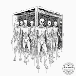 Tattoo design, "ghosts in the machine", depic... - эскиз тату (№1751486098_0, 02.07.2025 19:54) — tattoo-photo.ru