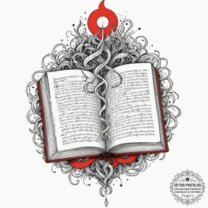 Tattoo sketch of runes flowing from open book... - эскиз тату (№1751487817_0, 02.07.2025 20:23) — tattoo-photo.ru