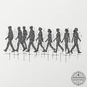 Tattoo design, a row of people walking in lin... - эскиз тату (№1751487898_0, 02.07.2025 20:24) — tattoo-photo.ru