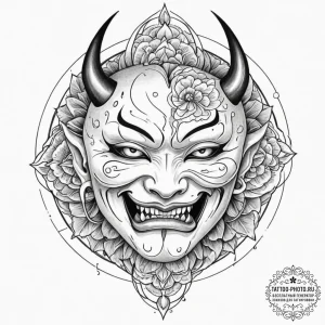Tattoo design, a hannya mask, split in half,... - эскиз тату (№1751488305_0, 02.07.2025 20:31) — tattoo-photo.ru