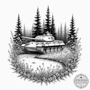 Tattoo design, a modern tank, half-buried in... - эскиз тату (№1751489963_0, 02.07.2025 20:59) — tattoo-photo.ru