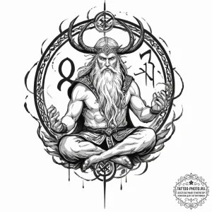 Tattoo design, meditating odin, runes flying... - эскиз тату (№1751494084_0, 02.07.2025 22:08) — tattoo-photo.ru