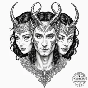 Tattoo sketch of loki’s face split into masks... - эскиз тату (№1751494162_0, 02.07.2025 22:09) — tattoo-photo.ru