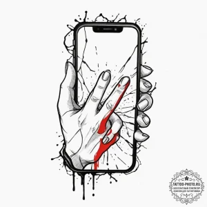 Tattoo design, handpoke style, a phone with a... - эскиз тату (№1751497043_0, 02.07.2025 22:57) — tattoo-photo.ru