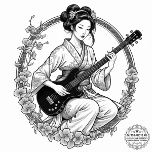 Tattoo design, a beautiful geisha playing a s... - эскиз тату (№1751498775_0, 02.07.2025 23:26) — tattoo-photo.ru