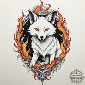 Tattoo design, a kitsune (fox spirit) with ni... - эскиз тату (№1751499509_0, 02.07.2025 23:38) — tattoo-photo.ru