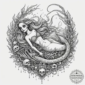 Tattoo design, a skeleton of a mermaid, her b... - эскиз тату (№1751499835_0, 02.07.2025 23:43) — tattoo-photo.ru