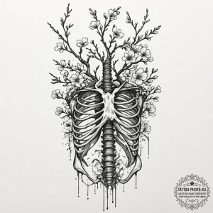 Tattoo design, a ribcage, with blooming cherr... - эскиз тату (№1751500324_0, 02.07.2025 23:52) — tattoo-photo.ru
