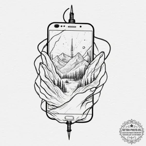 Tattoo design, handpoke style, a phone with a... - эскиз тату (№1751550982_0, 03.07.2025 13:56) — tattoo-photo.ru