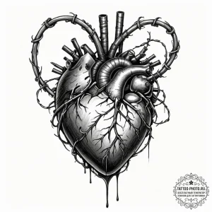 Tattoo design, a human heart wrapped in barbe... - эскиз тату (№1751552580_0, 03.07.2025 14:23) — tattoo-photo.ru