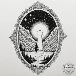 Tattoo design, a giant keyhole in the sky, re... - эскиз тату (№1751553004_0, 03.07.2025 14:30) — tattoo-photo.ru