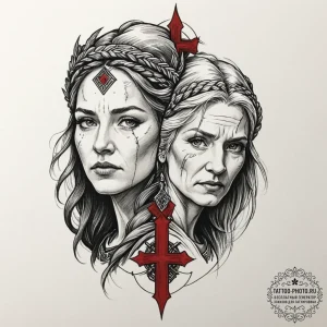 Tattoo design, a shieldmaiden's face, half wa... - эскиз тату (№1751553678_0, 03.07.2025 14:41) — tattoo-photo.ru