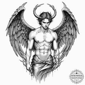 Tattoo sleeve design, fallen angel theme, bea... - эскиз тату (№1751554351_0, 03.07.2025 14:52) — tattoo-photo.ru