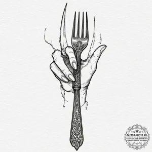Tattoo design, handpoke style, a fork with be... - эскиз тату (№1751555476_0, 03.07.2025 15:11) — tattoo-photo.ru