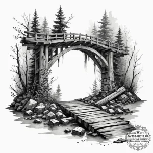 Tattoo sketch — ruins of a wooden bridge, pla... - эскиз тату (№1751557152_0, 03.07.2025 15:39) — tattoo-photo.ru